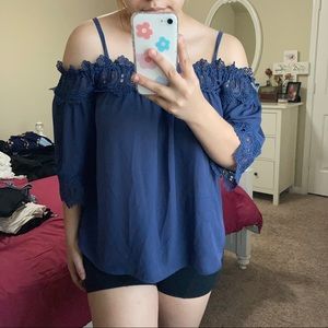 Off the shoulder blue shirt